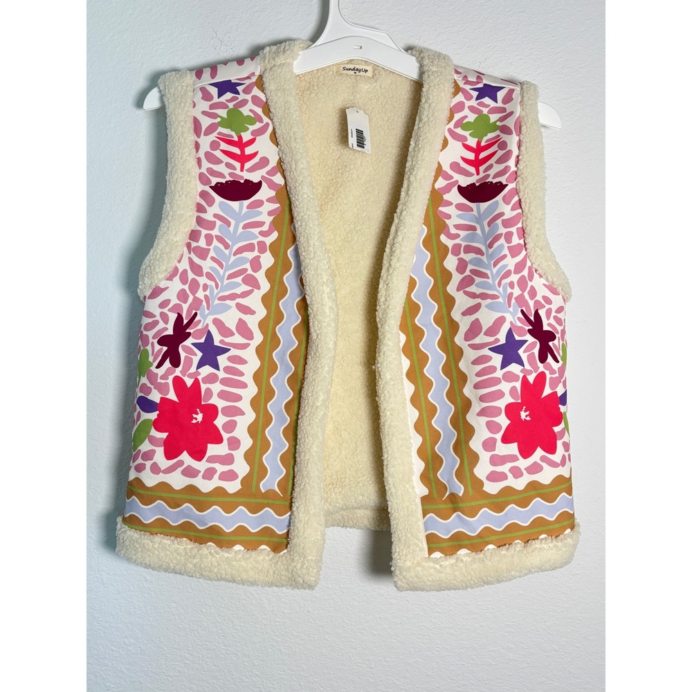 Sunday Up Womens Floral Sherpa Vest Pink Cream Faux Shearling Open Front Medium